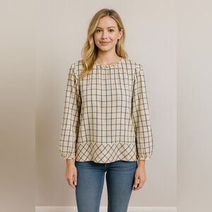 Mirth Windowpane Long Sleeve Blouse Size Small Color Cream Black/Grey